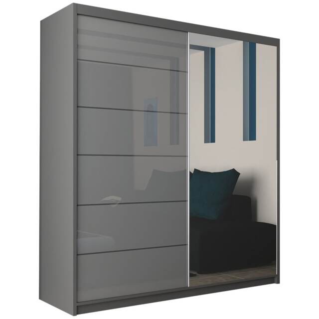 Modern High Gloss Storage Wardrobe with Mirror - Grey 200cm