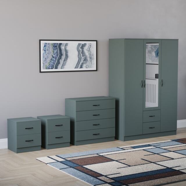 Vida Designs Riano 4 Piece Bedroom Set (2x 2 Drawer Bedside Chest, 4 Drawer Chest, 3 Door 2 Drawer Mirrored Wardrobe) - Green