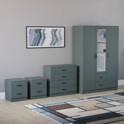 Vida Designs Riano 4 Piece Bedroom Set (2x 2 Drawer Bedside Chest, 4 Drawer Chest, 3 Door 2 Drawer Mirrored Wardrobe) - Green
