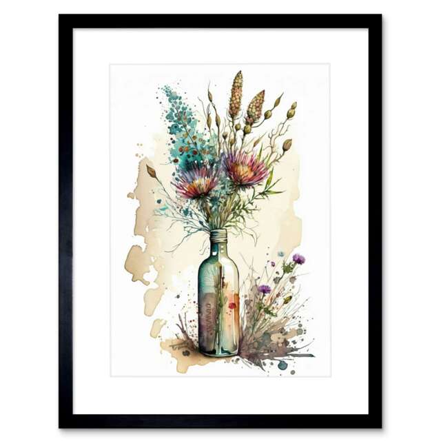 "Spring Flower Bouquet Glass Wine Bottle Vase 9x7"" Black Framed Wall Art Print"