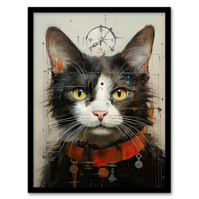 Key Master Cat Collar Abstract Modern Portrait Oil Black Framed Wall Art Print A4