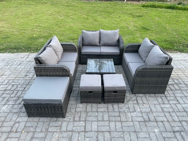 Fimous 9 Seater Outdoor Garden Furniture Sets Wicker Rattan Furniture Sofa Sets with Square Coffee Table Love seat Sofa 3 Footstools