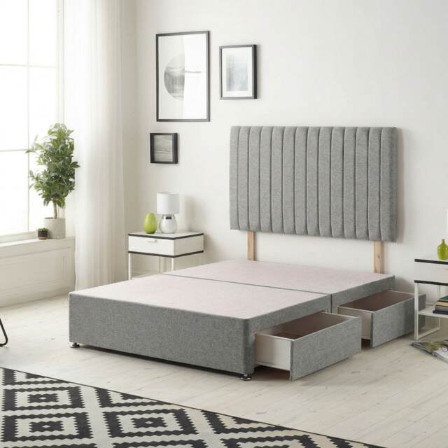 Texas Divan Bed Base with 2 Drawers & 30 Inch Headboard Tweed Fabric Grey Grey