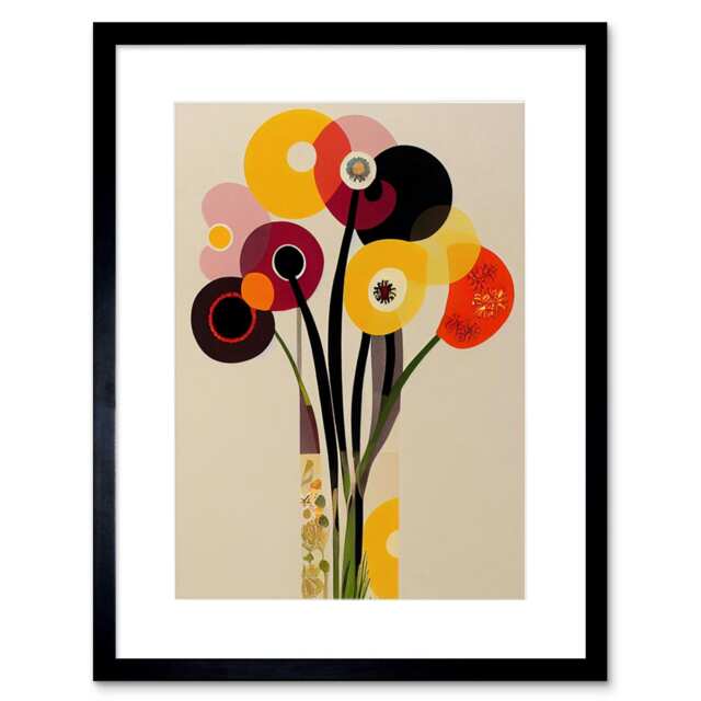 "Abstract Retro Spring Summer Flowers Floral Bouquet Vase 9x7"" Black Framed Wall Art Print"