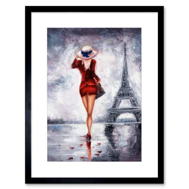 "Lady in Red Paris Autumn Eiffel Tower Painting 9x7"" Black Framed Wall Art Print"