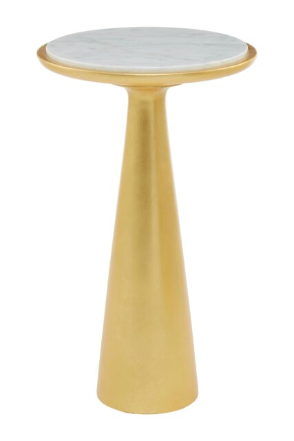 Large Gold Side Table With Conical Base,Unique Gold Finished Round Bedside Table,White Marble Side Table Gold