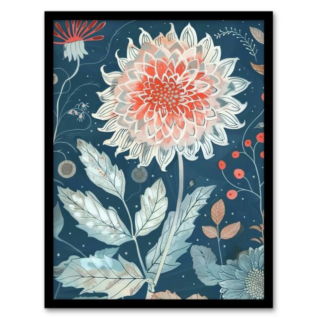 Single Red Dahlia Flower Botanical Living Room Black Framed Wall Art Print A4