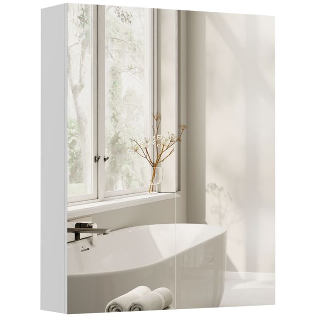 HOMCOM Wall Mounted Bathroom Mirror Storage Cabinet w/ Door Adjustable Shelf White White 60 x 15 x 75 cm