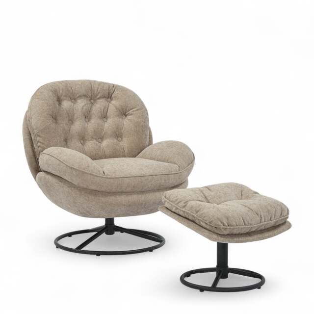 Beige Chenille Fabric Azura Swivel Accent Chair with Footstool