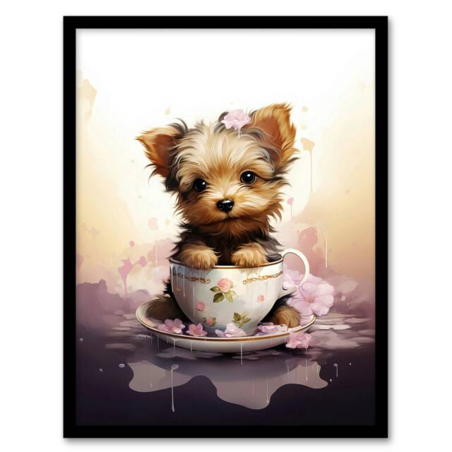 Tea Cup Yorkshire Terrier Dog Lovers Gift Black Framed Wall Art Print A4