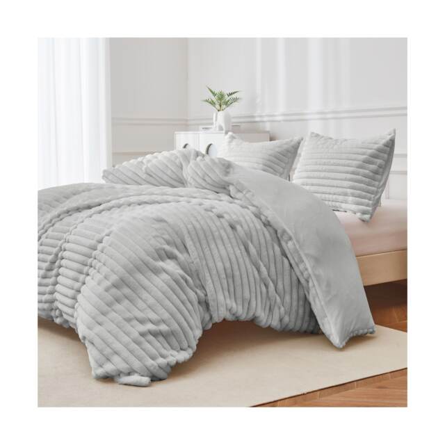 Super Soft Luxury Faux Fur Stripe Duvet Cover Plush Winter Bedding Grey Silver Double