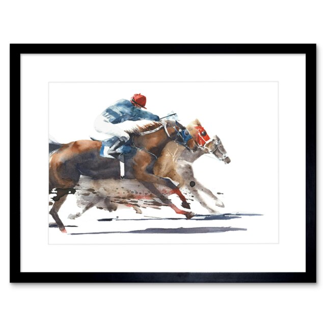 "Sport Jockey Racing Horses Race Watercolour 9x7"" Black Framed Wall Art Print"