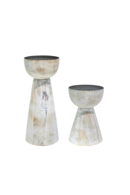 Padstow Candle Holders (Set of 2) - Wood - L9 x W9 x H22 cm - White Wash White 2