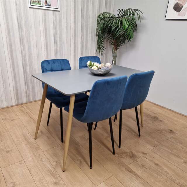 GREY DINING TABLE SET WITH 4 BULE VELVET CHAIRS DINING ROOM FURNITURE