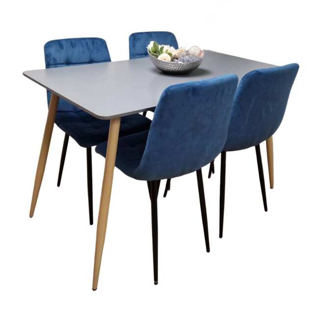 GREY DINING TABLE SET WITH 4 BULE VELVET CHAIRS DINING ROOM FURNITURE