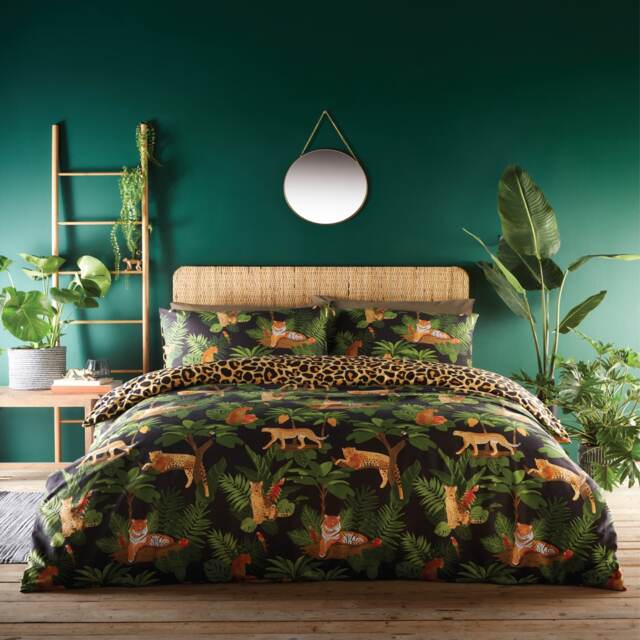 Jungle Cats Soft Easy Care Bed Linen Bedding Duvet Cover Quilt Set With Pillow Cases Green Double