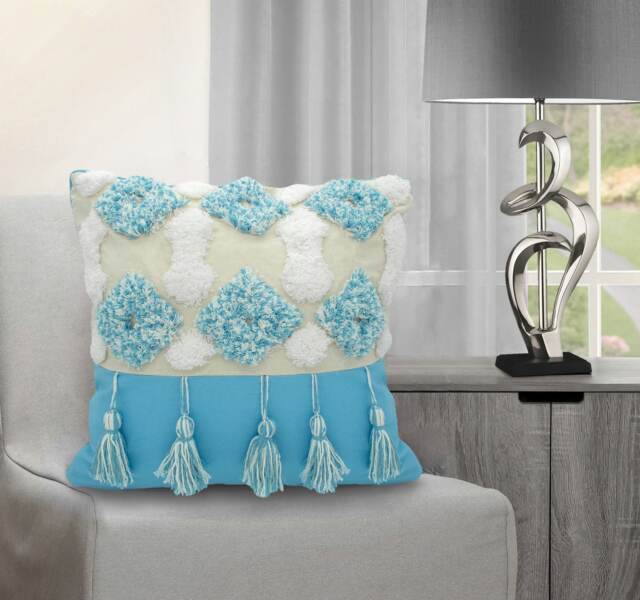 Boho Tassle Heavy Tuft Cushion - 43cm x 43cm Blue