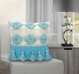 Boho Tassle Heavy Tuft Cushion - 43cm x 43cm Blue