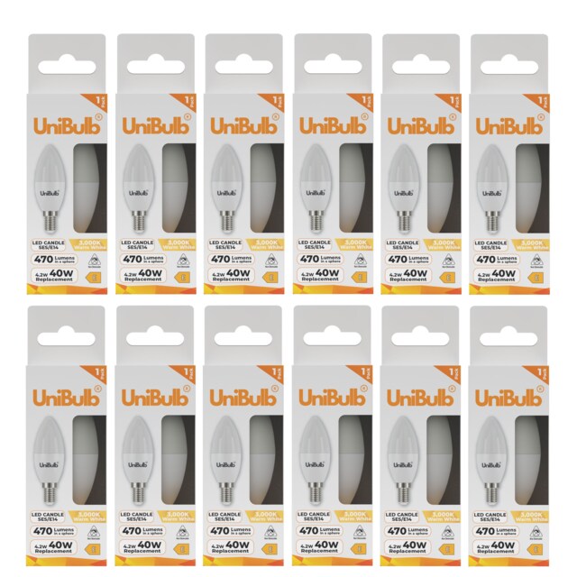 UniBulb LED Candle E14 Small Edison Screw (SES) 470lm 4.2W (Replaces 40W) 3000K (Warm White) Light Bulb - Pack of 12