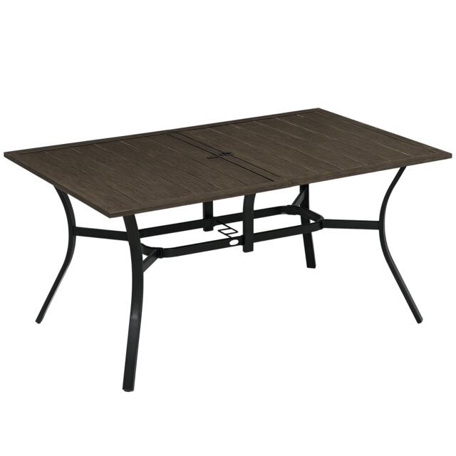 Outsunny Garden Table with Parasol Hole, Outdoor Garden Dining Table with Wood Grain Tabletop and Steel Frame for Patio, Deck, Balcony, Brown, 150 x 96 x 73cm