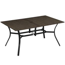 Outsunny Garden Table with Parasol Hole, Outdoor Garden Dining Table with Wood Grain Tabletop and Steel Frame for Patio, Deck, Balcony, Brown, 150 x 96 x 73cm