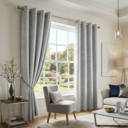 Velvet Thermal Blackout Eyelet Curtains Ready Made Pair - 229cm x 183cm - Silver