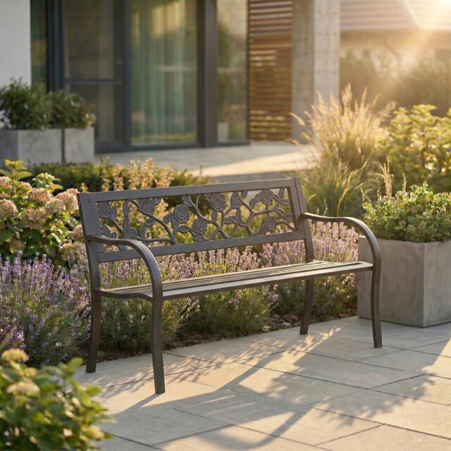 Garden Vida 3 Seater Steel Garden Bench Outdoor Patio Seating, Rose