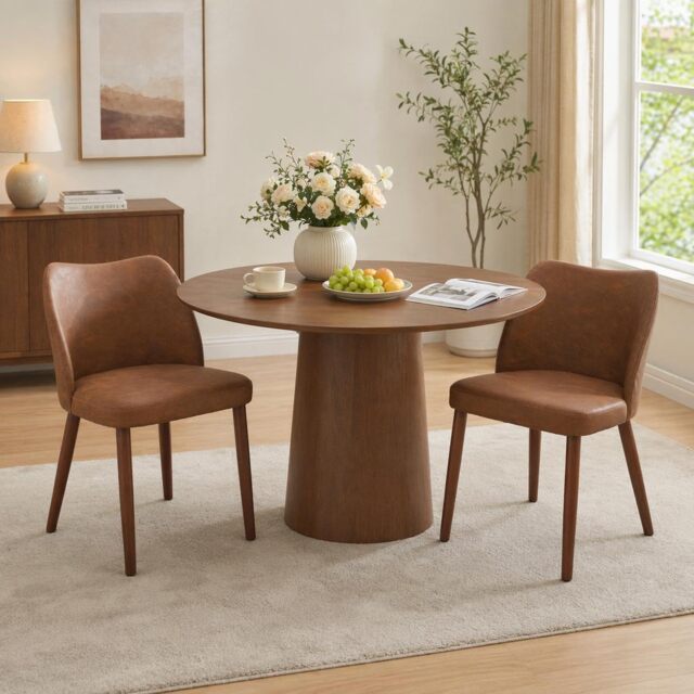 London Boutique Set of 2 PU Leather Dining Chair with Wood Legs (W)47cm (D)51cm (H)78cm - Brown