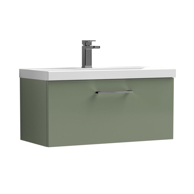 Balterley Wall Hung Bathroom 1 Drawer Vanity Unit and 1 Tap Hole Ceramic Basin, with Handle Green Satin Green