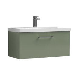Balterley Wall Hung Bathroom 1 Drawer Vanity Unit and 1 Tap Hole Ceramic Basin, with Handle Green Satin Green