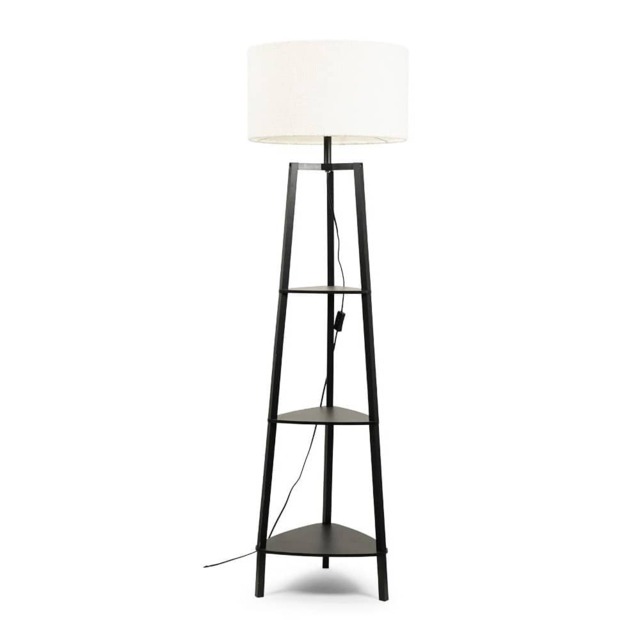 ValueLights Hiru Black 3 Tier Shelf Floor Lamp Cream Shade and Bulb