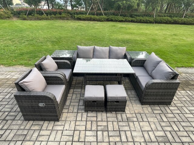 Fimous 9 Seater Garden Rattan Furniture Dining Table Sofa Set Indoor Outdoor with 2 Reclining Chairs 2 Side Tables 2 Small Footstools Dark Grey Mixed