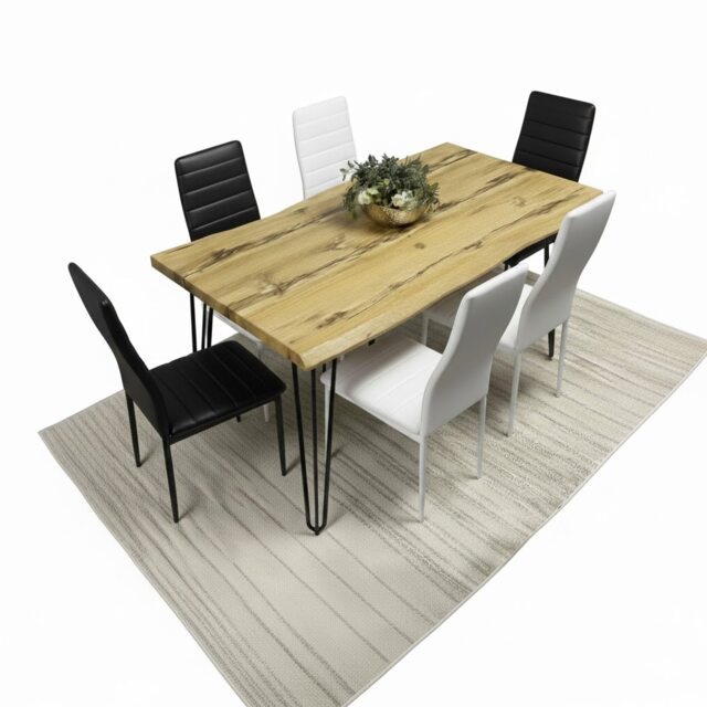 Dining Table and Chairs Set Modern Table and 6 Mix Chairs Faux Leather Dining Room Furniture