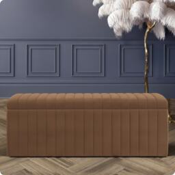 90cm Wide Lux Ottoman Storage Box, Mink Velvet Upholstered Full Striped Storage Ottoman Box