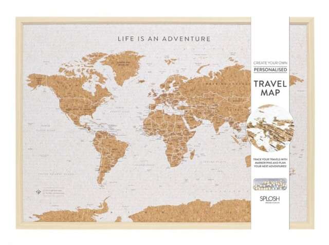 Splosh Travel Map Cork Board World Large Light Wood Brown Light Wood Frame, Cork Backing