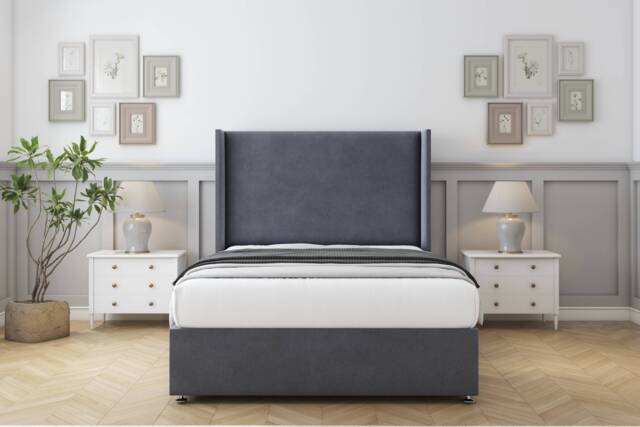 "Sloomy Devonshire Steel Plush Divan Bed With Mattress 2 Drawers Footend With 54"" Wingback Headboard 4'6 Double Grey Steel Double 1"