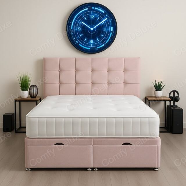 Lift Ottoman Open Cube Pink Plush 2ft6 Small Single Bed Set with Headboard and Mattress