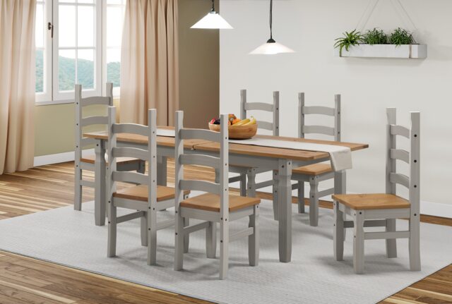 Mercers Furniture Corona Grey Wax Large Extending Dining Table & 6 Chairs Set Solid Wood Pine Wooden Extendable Kitchen with Mexican Styling