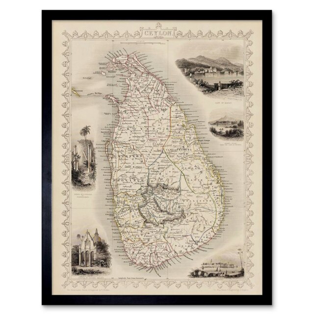 "Ceylon Sri Lanka Vintage Map Home Decor 12x16"" Framed Wall Art Print"