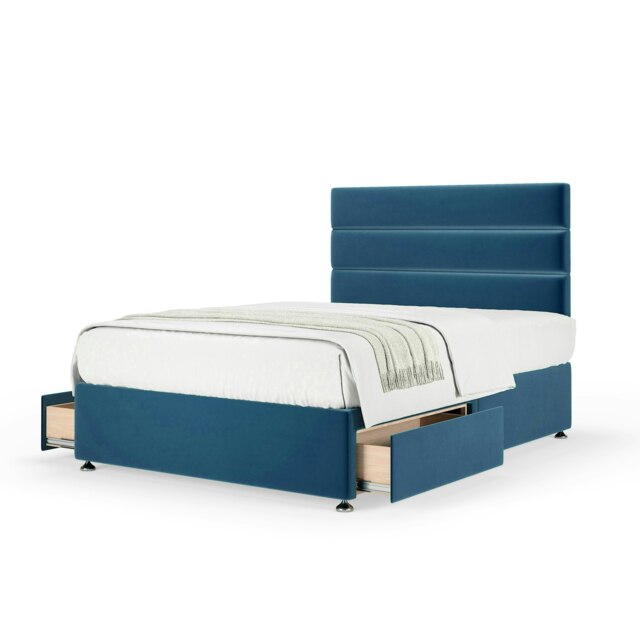 Majestic 1000 Pocket Sprung Blue Plush Velvet 2 Drawer Divan Set And Milan Headboard Small Double