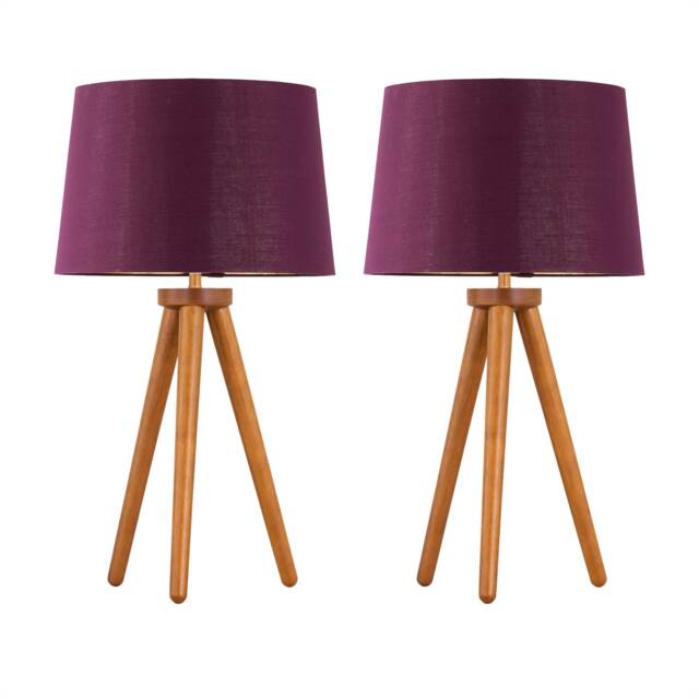 Set of 2 Dark Oak Table Lamp or Bedside Lights with Burgundy Shades