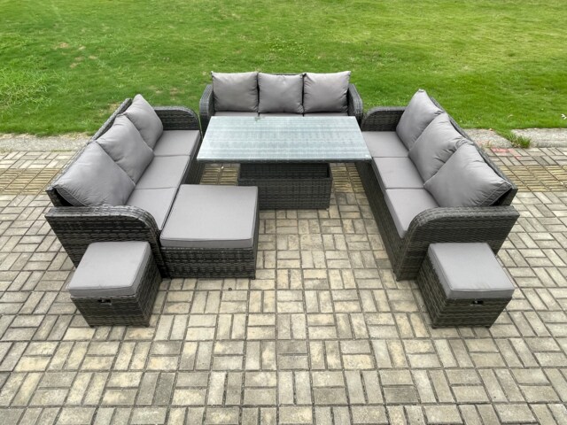 Fimous Patio Garden Dining Set Outdoor Rattan Furniture Lounge Sofa Height Adjustable Rising lifting Table With Big Footstool 2 Small Footstools Dark Grey Mixed