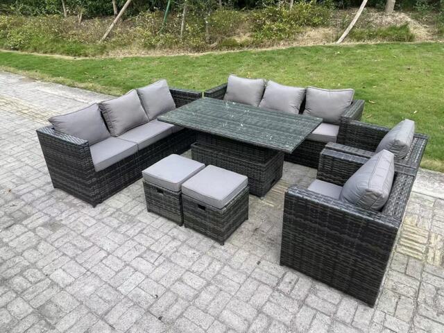Fimous 10 Seater Wicker PE Garden Furniture Rattan Sofa Set Outdoor Adjustable Rising Lifting Dining Table Set with 2 Armchairs 2 Stools Dark Grey Mixed