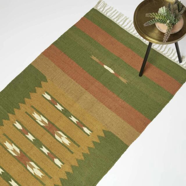 Homescapes Lundi Orange and Green Kilim Runner Cotton and Jute Rug - 80 x 180 cm Green Green and Orange 80 x 180 cm