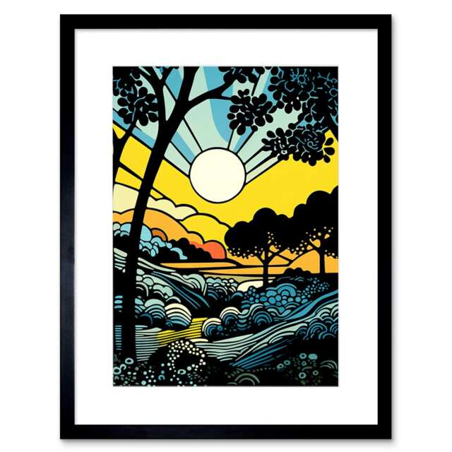 "Forest Sunrise Landscape Sun Rays Blue Orange Pop 9x7"" Black Framed Wall Art Print"