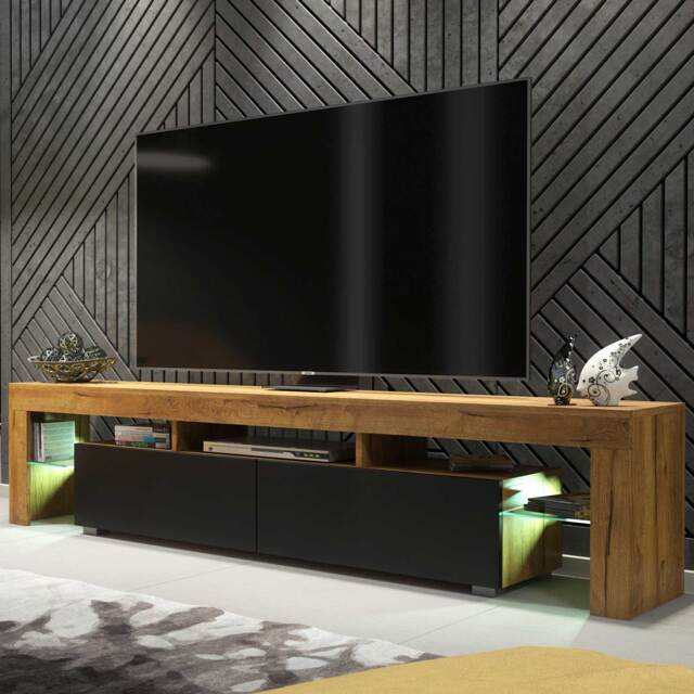 TV Stand TV Unit Cabinet Sideboard Media Cabinet Storage Oak Black Matt Doors Free LED 200cm