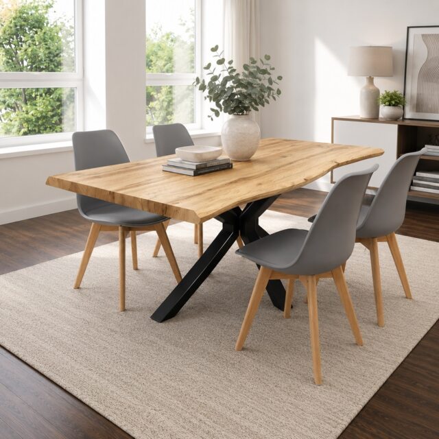 Modern Dining Table with 4 Grey Plastic Chairs with faux leather padded seats
