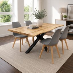 Modern Dining Table with 4 Grey Plastic Chairs with faux leather padded seats