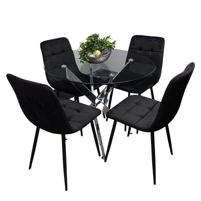 Dining Table and 4 Chairs Round Glass Table 4 Black Velvet Chairs Dining Set