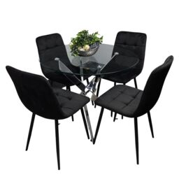Dining Table and 4 Chairs Round Glass Table 4 Black Velvet Chairs Dining Set